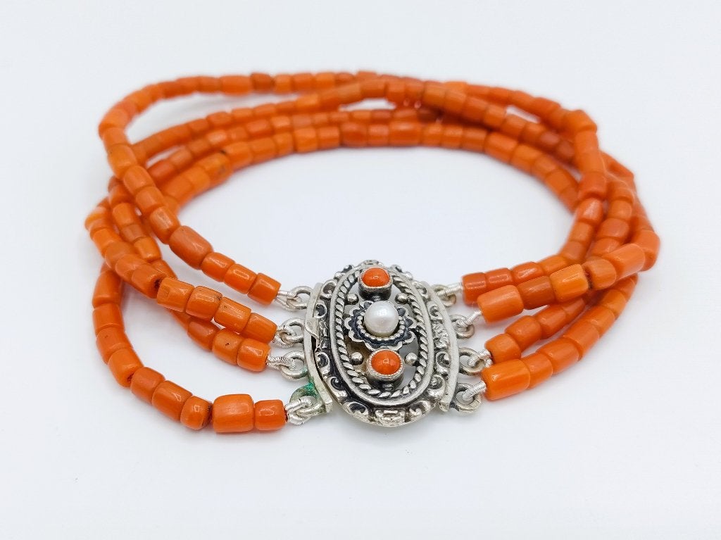 Bloedkoralen armband met zilveren slot met parel, 19 cm, Gebruikt, Info@zilverwebsite.nl, Verzenden, Zilverwebsite.nl