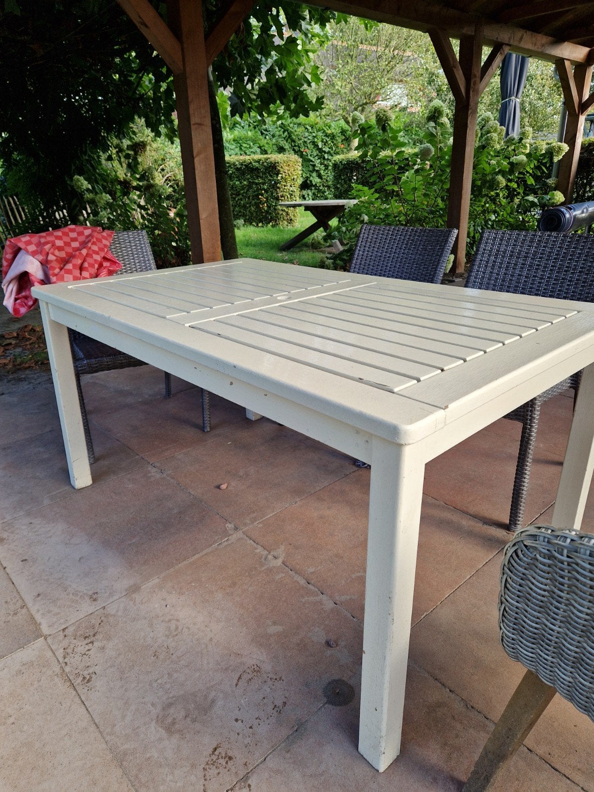 Houten tuintafel 150 cm - Ideaal voor overkapping/tuinhuis, Ophalen, Gebruikt, Rechthoekig, Hout