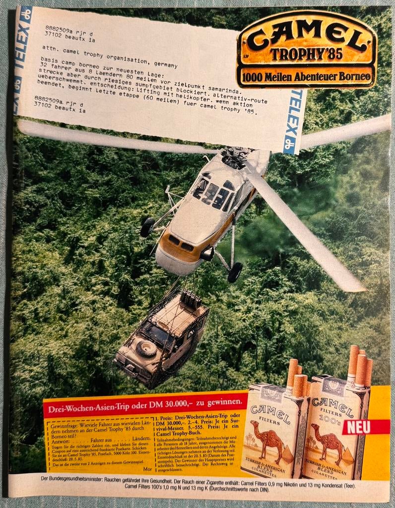Advertentie Camel Trophy 1985 met Landrover Defender, Verzenden, Zo goed als nieuw, Motoren