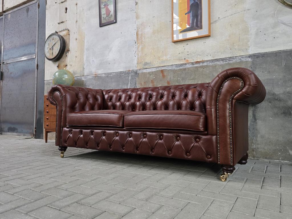 Nieuwe Leren Chesterfield Bank | Drie Persoons Tabaks Bruin, 75 tot 100 cm, Ophalen of Verzenden, Rechte bank, Klassiek Vintage Retro Brocante Industrieel Landelijk