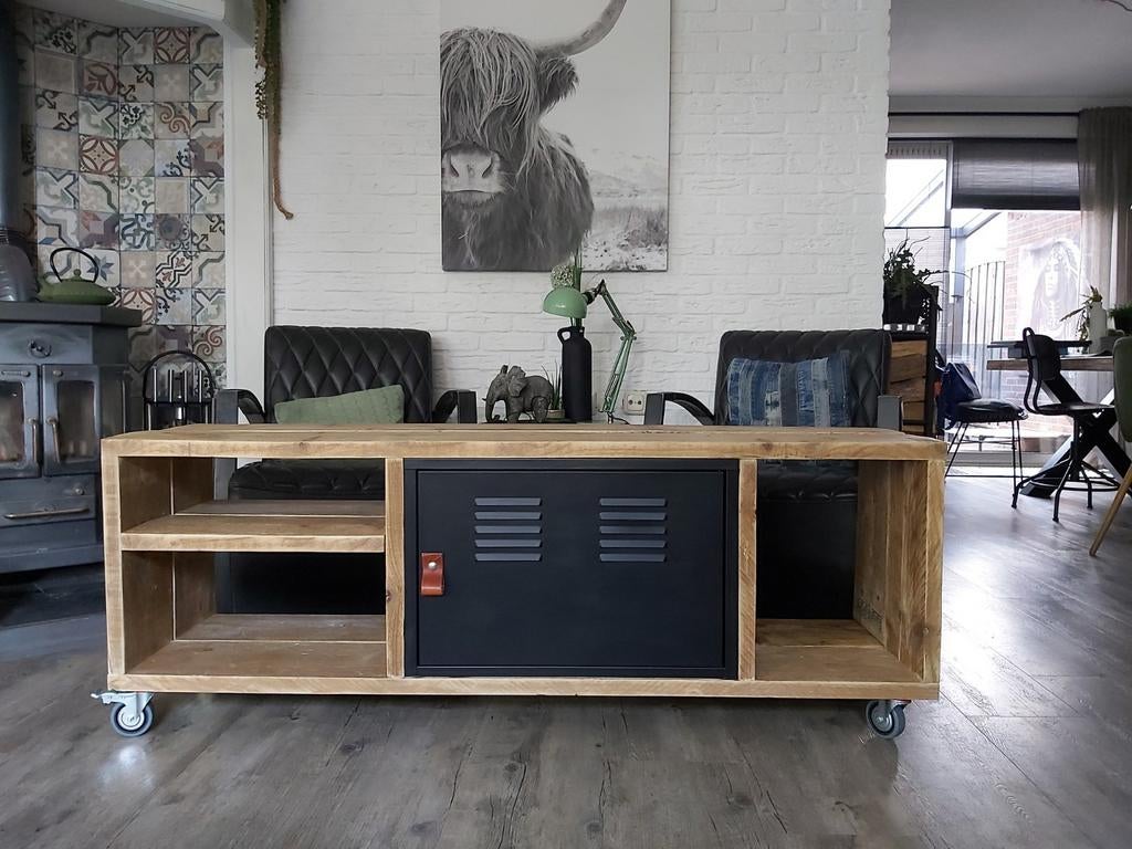 Tv meubel industrieel met locker 150 cm., Overige houtsoorten, 100 tot 150 cm, Nieuw, Stoer, industrieel