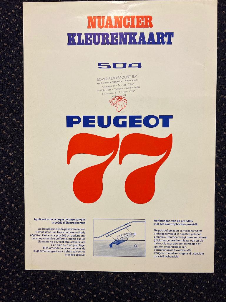 Kleurenkaart en advertentie Peugeot 504  1977, Ophalen of Verzenden