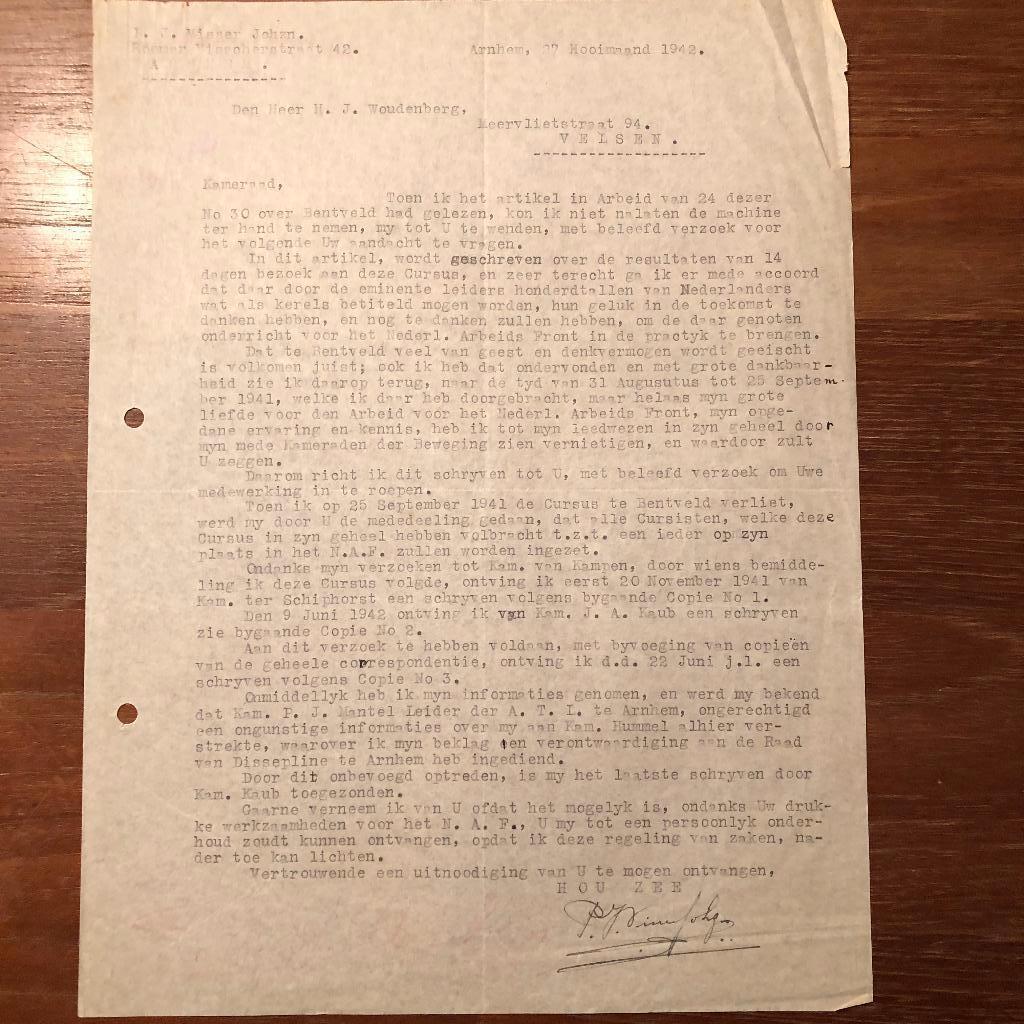 NSB 1942 'Kameraden' in de praktijk. Brief aan H.J. Wouden-, Ophalen of Verzenden, Nederland, Overige typen