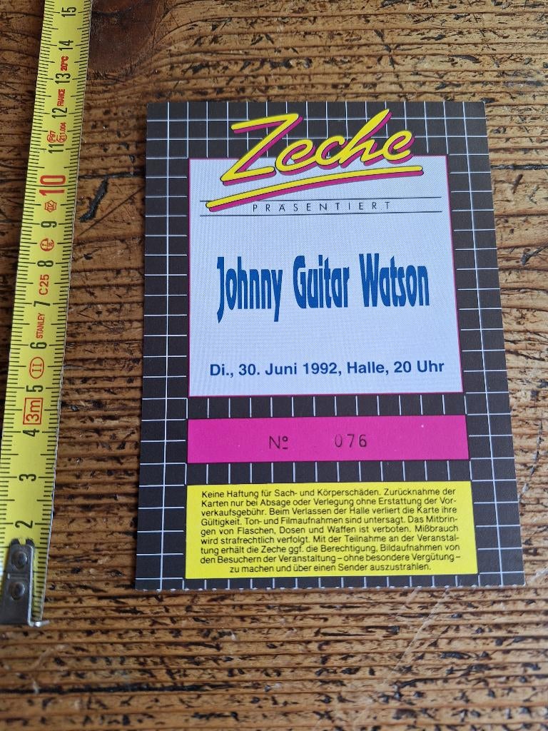 JOHNNY GUITAR WATSON = ticket = 1992 = duitsland, Ophalen of Verzenden, Zo goed als nieuw, Foto of Kaart