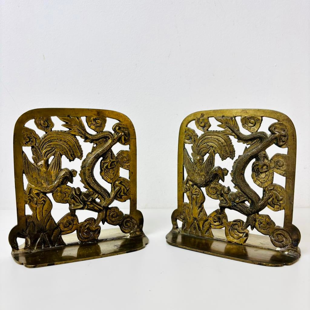Set Chinese bronzen boekensteunen met draak en feniks 1930, Ophalen of Verzenden
