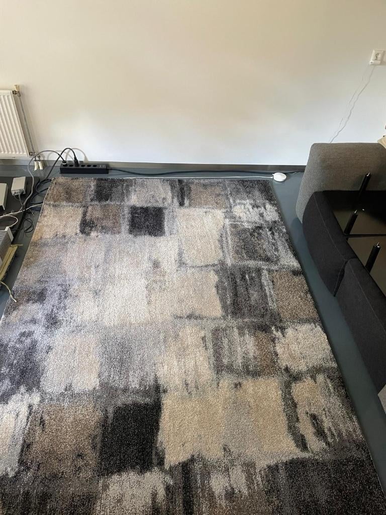 Hoogpolig vloerkleed 200x290 blauw beige demping geluid echo, Ophalen, 200 cm of meer, Crème, Zo goed als nieuw