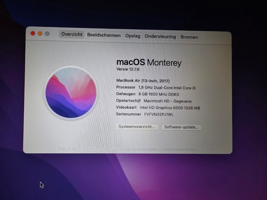 MacBook Air 1466 2017 256ssd 8gb ram i5, 13 inch, Minder dan 2 Ghz, Ophalen of Verzenden, Zo goed als nieuw