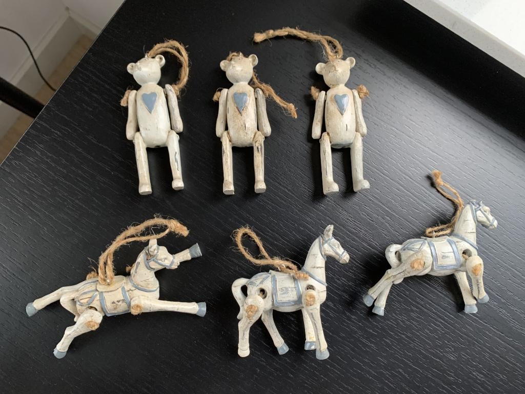 6 vintage stenen kerst hangers ornamenten paarden en beren, Ophalen