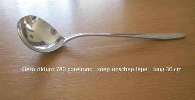 soeplepel, soep opscheplepel, gero zilduro 780 parelrand, Gebruikt, Ophalen of Verzenden, Rvs of Chroom, Vaatwasserbestendig