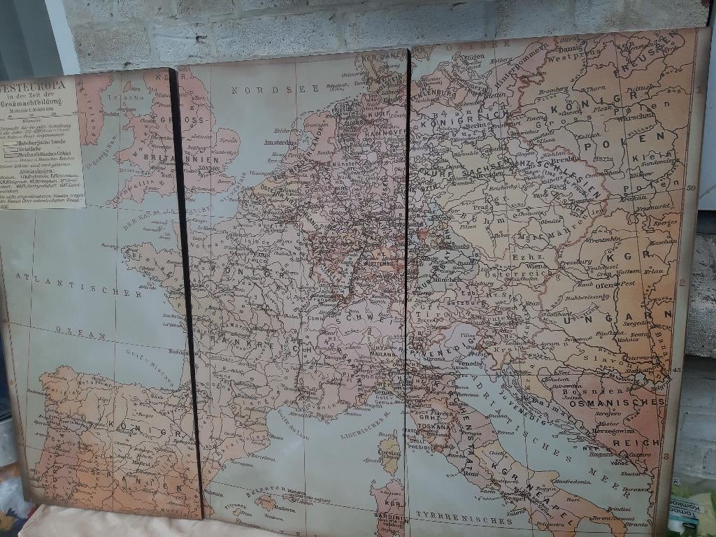 Kaart, West-Europa, drieluik, 3 identieke delen. Duitstalig, Boeken, Atlassen en Landkaarten, Ophalen, West-Europa, drieluik, 3 identieke delen. Duitstalig