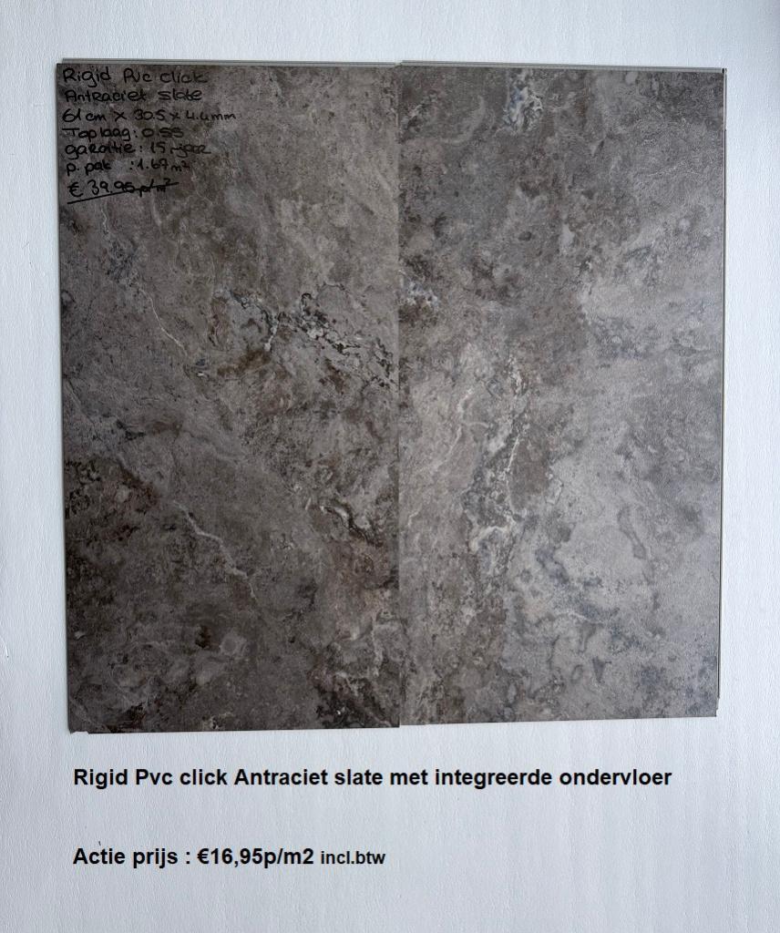 Pvc click Antraciet Slate met integrrede ondervloer €16,95m2, Zwart, Nieuw, 25 tot 50 m², Laminaat