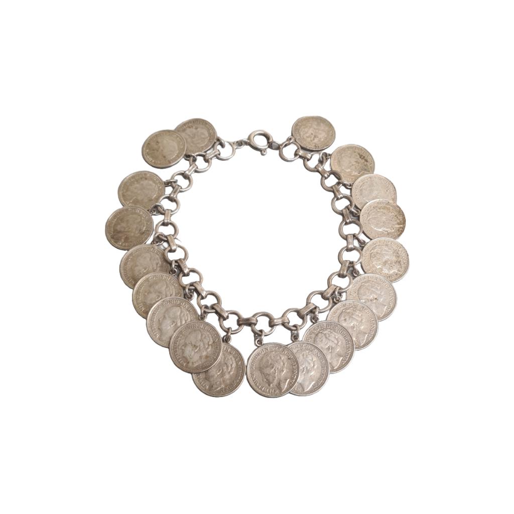 Zilveren armband met Wilhelmina dubbeltjes, Ophalen of Verzenden, Zilver, Armband