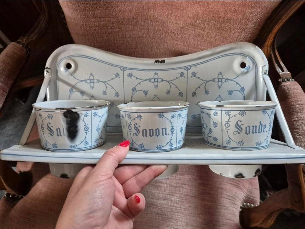 Oud blauw emaille rekje voor zand, zeep en soda, Ophalen of Verzenden