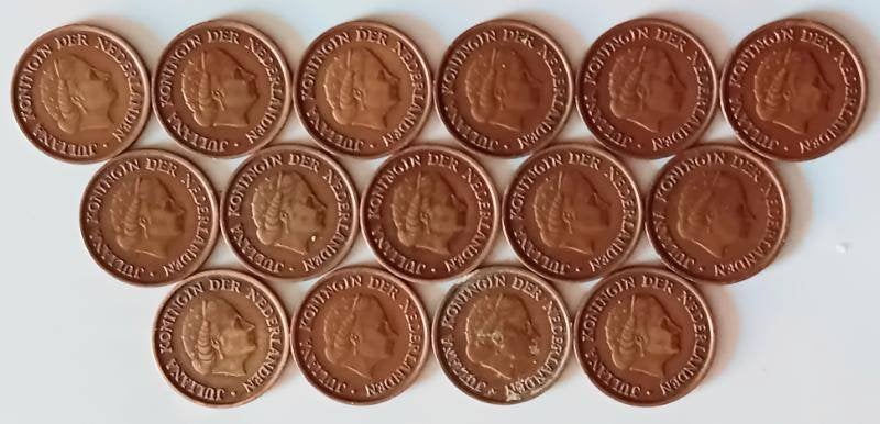 15 stuks koperen stuiver muntjes juliana 1950, Ophalen of Verzenden, Overige typen