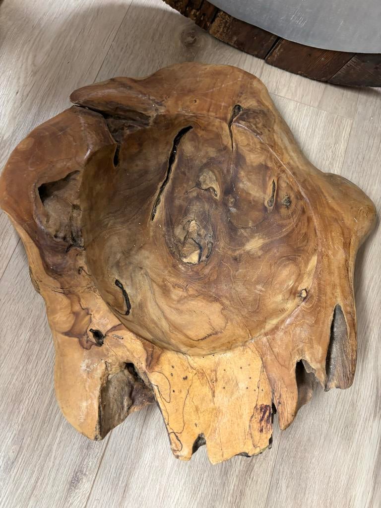 Grote Decoratieve houten teak schaal fruitschaal, Ophalen, Gebruikt, Schaal, Overige vormen