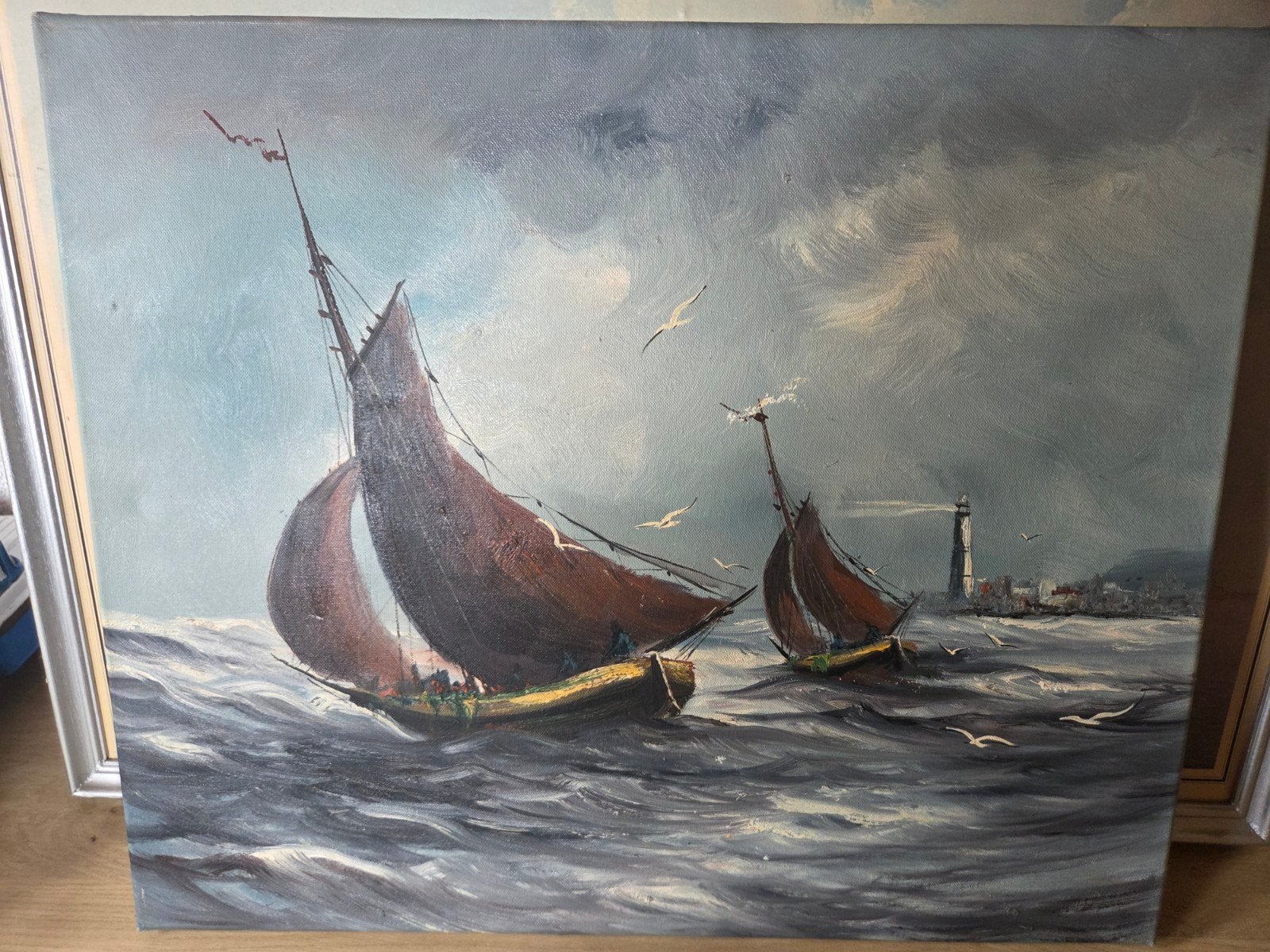 Maritiem schilderij: Zeilschepen op woelige zee, Antiek en Kunst, Ophalen, Maritiem / water, Doek, Realistisch
