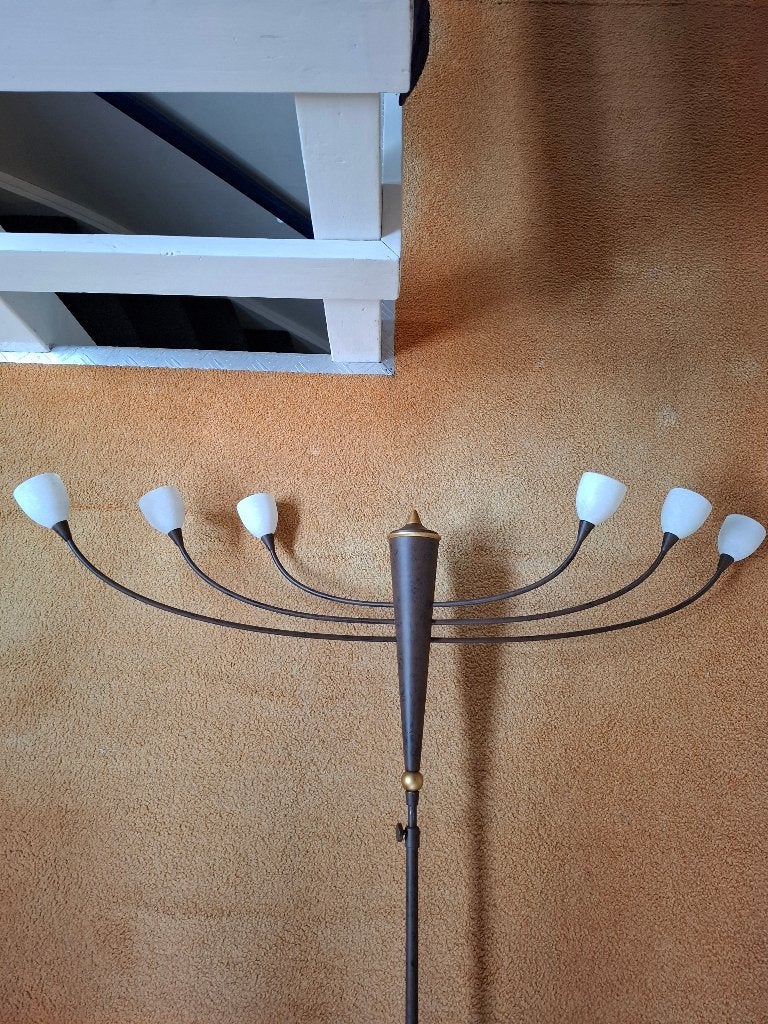Hanglamp koperkleurig met witte kelkjes, Huis en Inrichting, Ophalen, Nieuw, Glas, Retro