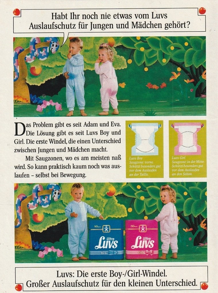 Retro reclame 1989 Luvs baby luiers verschillende genders, Verzenden, Overige typen
