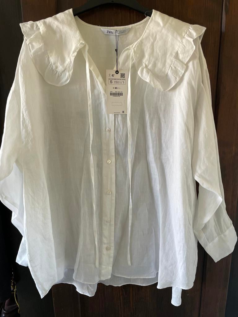 Nieuw met prijsk witte 100% ramie blouse met kraag v Zara S, Ophalen of Verzenden, Nieuw, Maat 36 (S), Wit