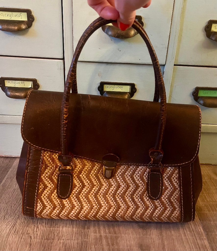 Vintage retro leren rotan riet tasje handtas dokterstas tas, Ophalen of Verzenden, Gebruikt, Bruin, Handtas
