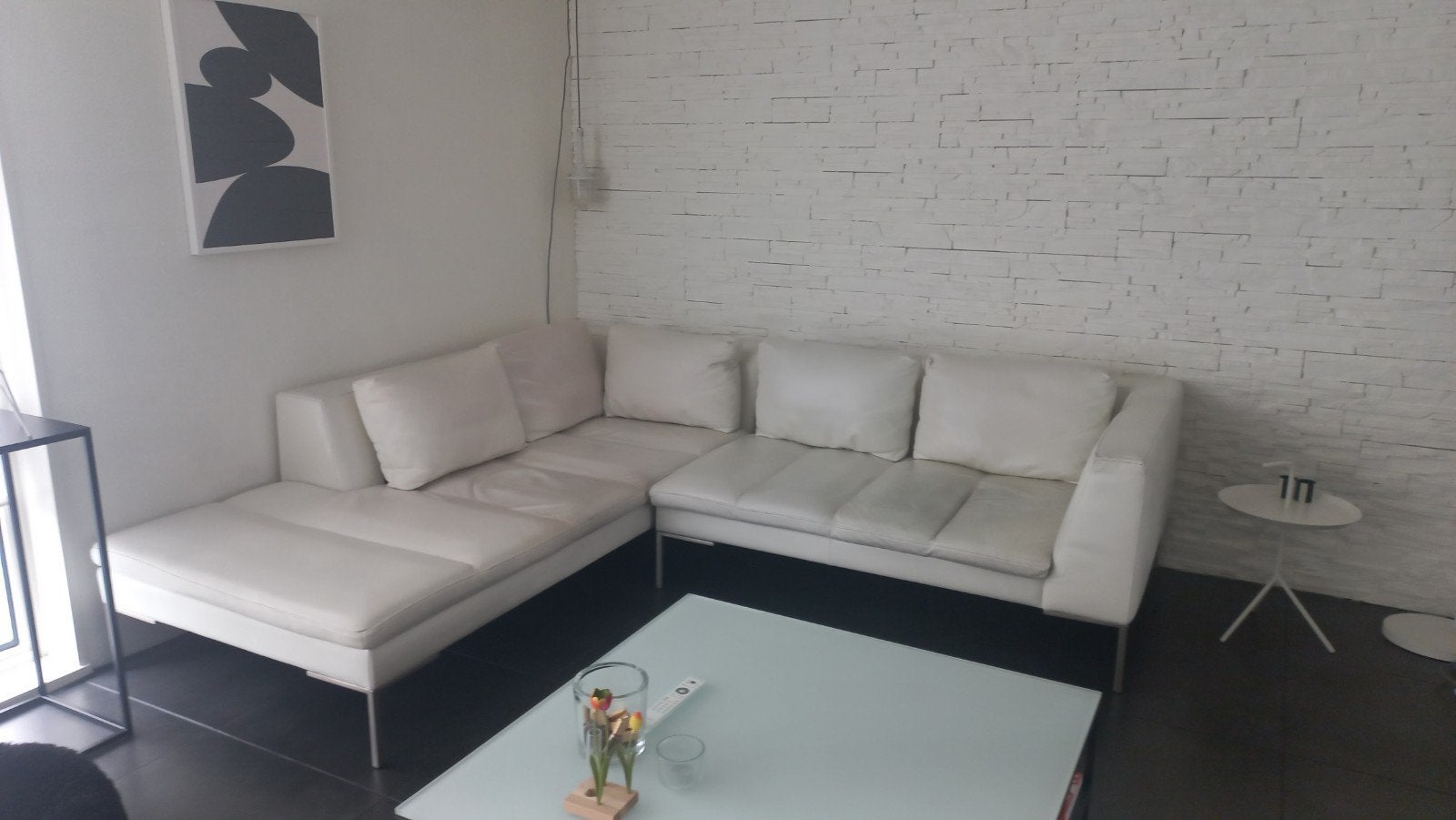 Montel Hoekbank Wit Leer - Comfortabel en Stijlvol, Ophalen, 250 tot 300 cm, Gebruikt, 100 tot 125 cm