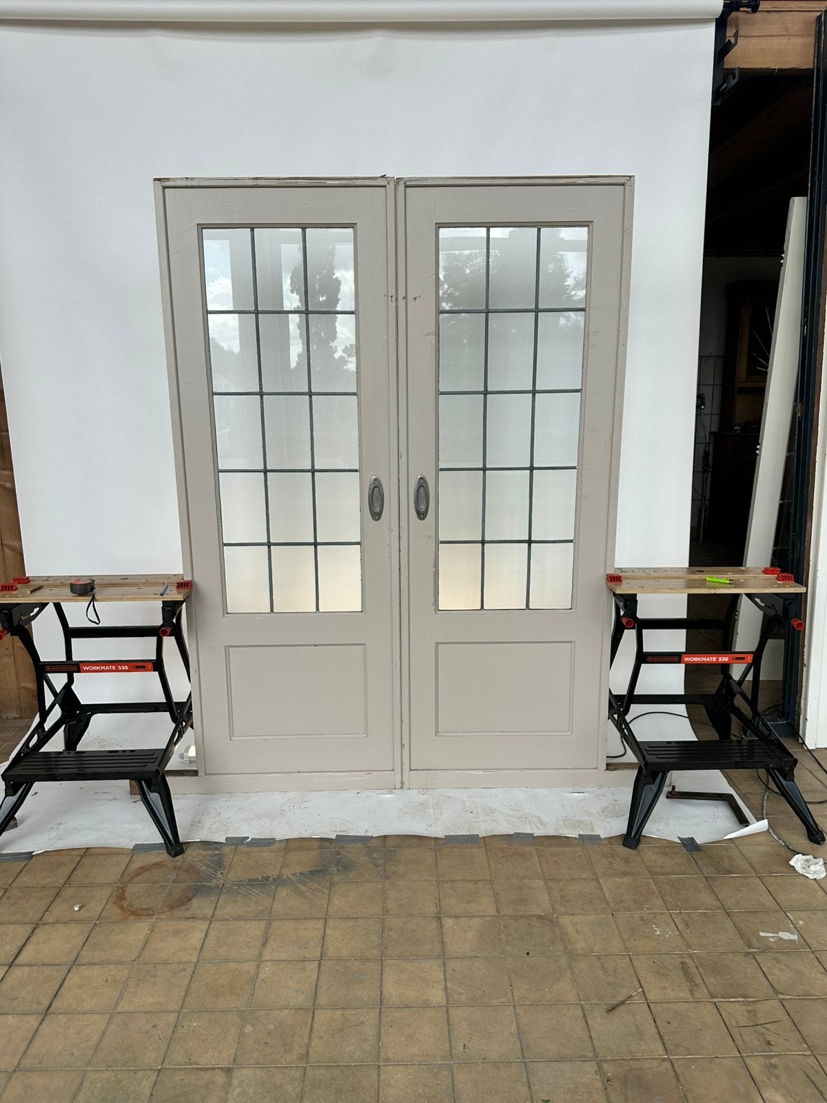 202,5x72,5 Set ensuite schuifdeuren met glas in lood, Doe-het-zelf en Verbouw, Deuren en Horren, Ophalen, Gebruikt, 80 tot 100 cm