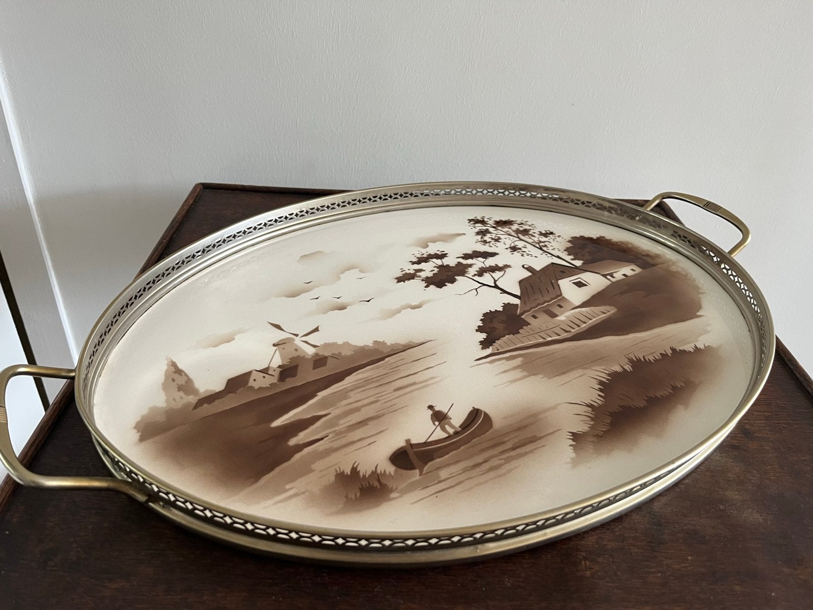Antiek Vintage dienblad met Hollands landschap decoratie, Ophalen