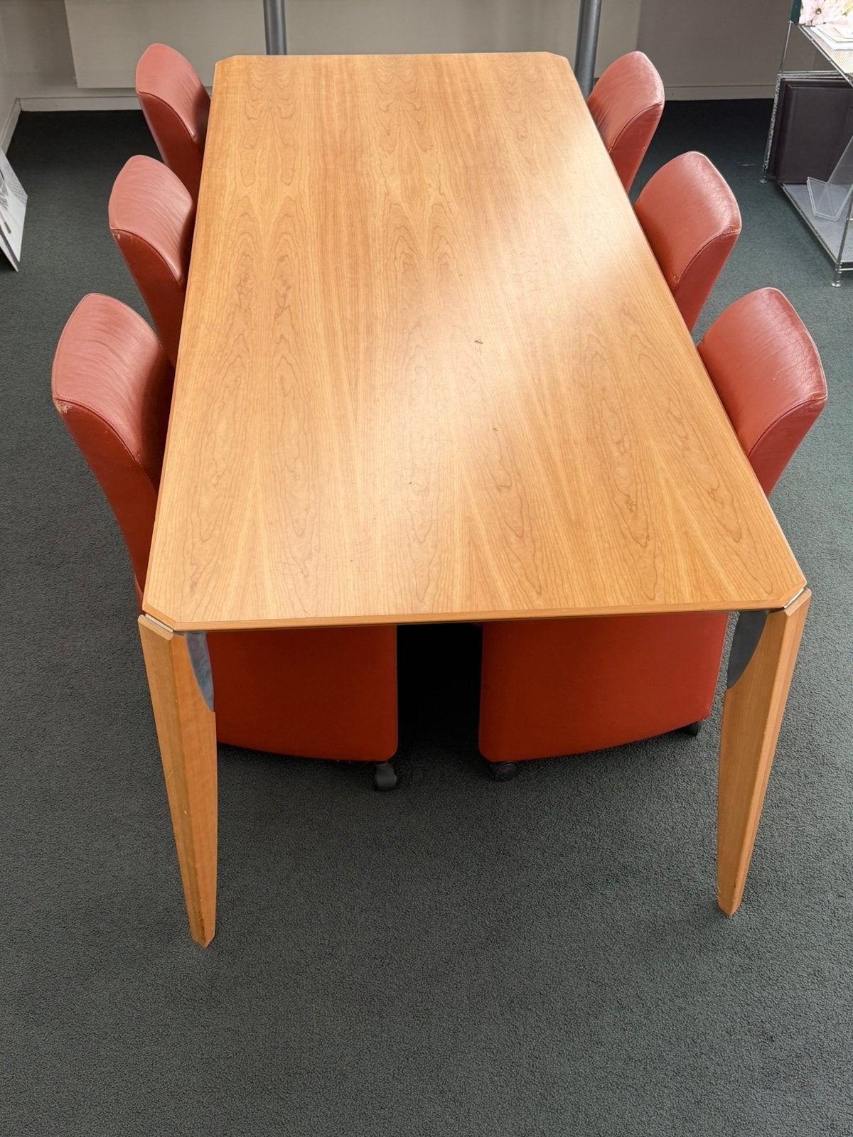 Eettafel + 6 leren verrijdbare stoelen, Ophalen, Gebruikt, Modern, 4 tot 6 stoelen