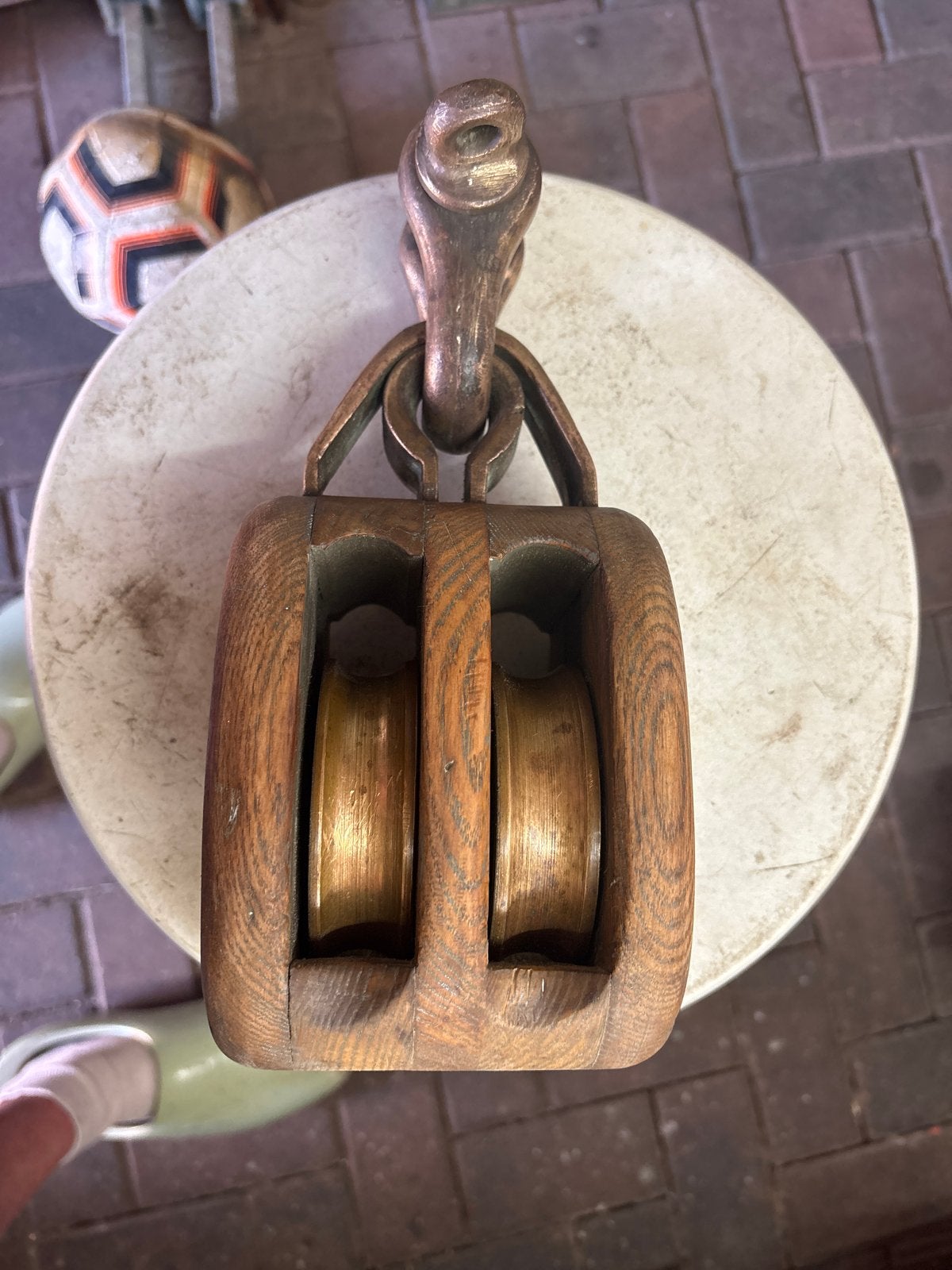 Antieke houten scheepsblok/katrol met bronzen beslag., Ophalen of Verzenden