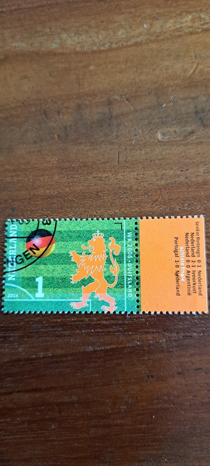 Zegel Voetbal Oranje WK 2014 met tab. gestempeld., Postzegels en Munten, Ophalen of Verzenden