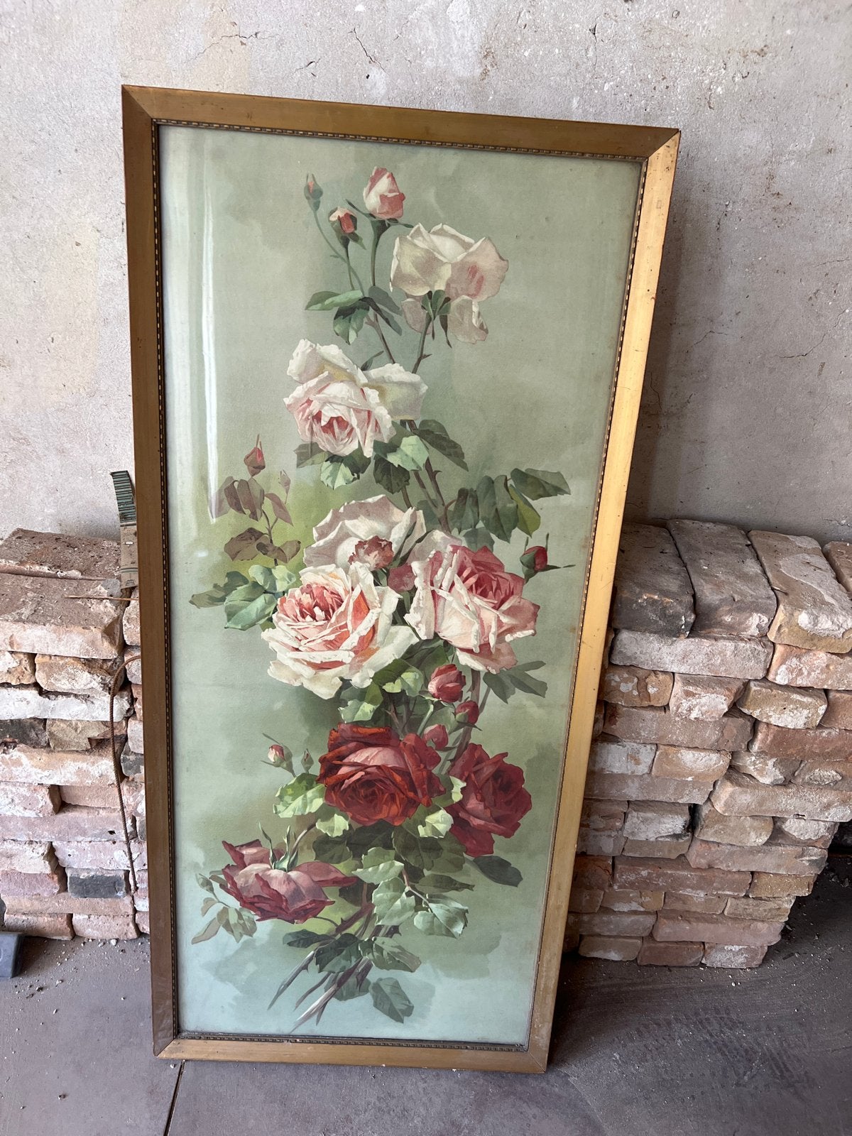 Antieke rozenprint in lijst - Klassiek bloemstilleven, Antiek en Kunst, Kunst | Schilderijen | Klassiek, Ophalen of Verzenden