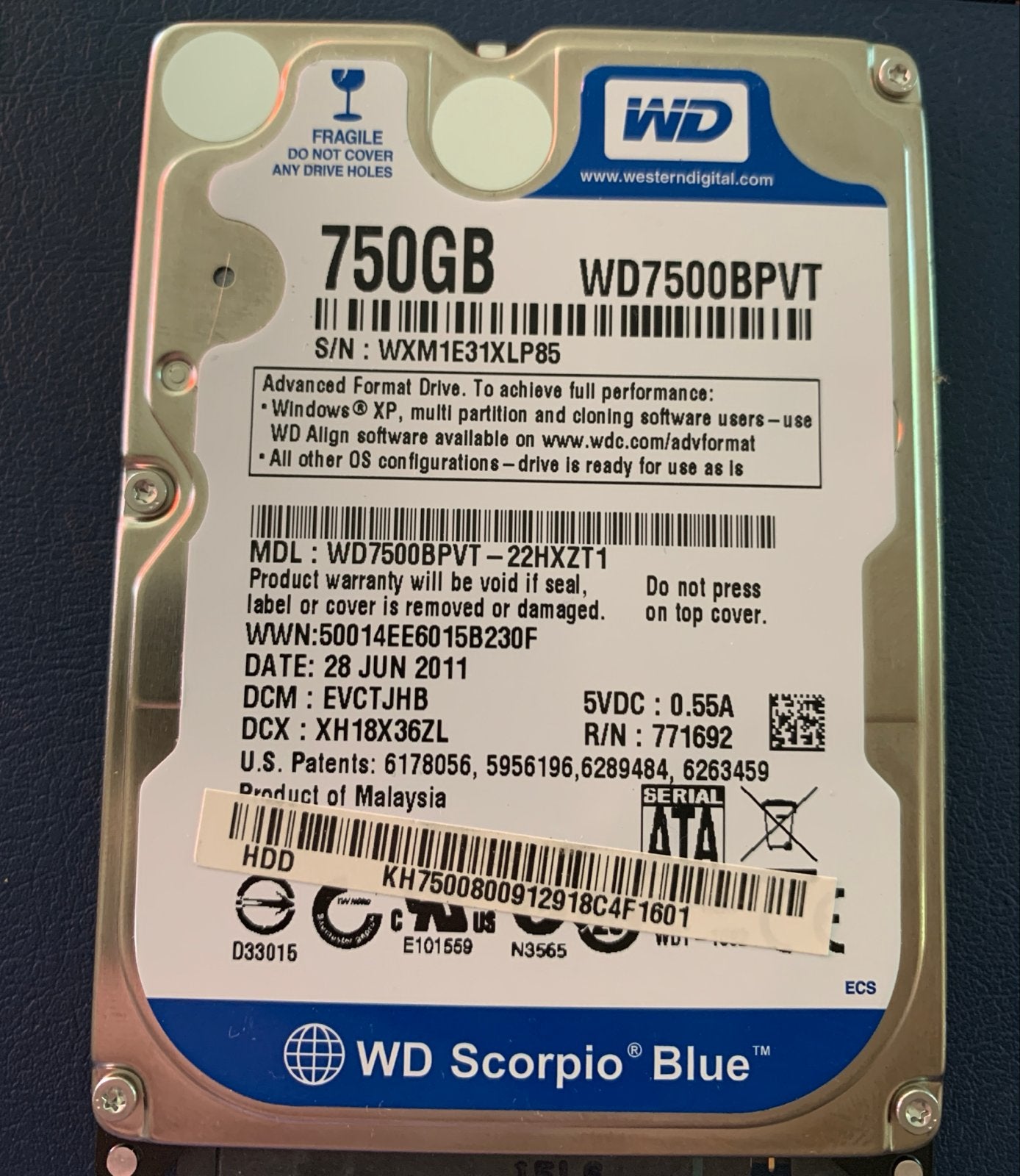 WD Scorpio Blue 750GB HDD SATA Harde Schijf, Computers en Software, Harde schijven, Intern, Gebruikt, Ophalen of Verzenden, Laptop