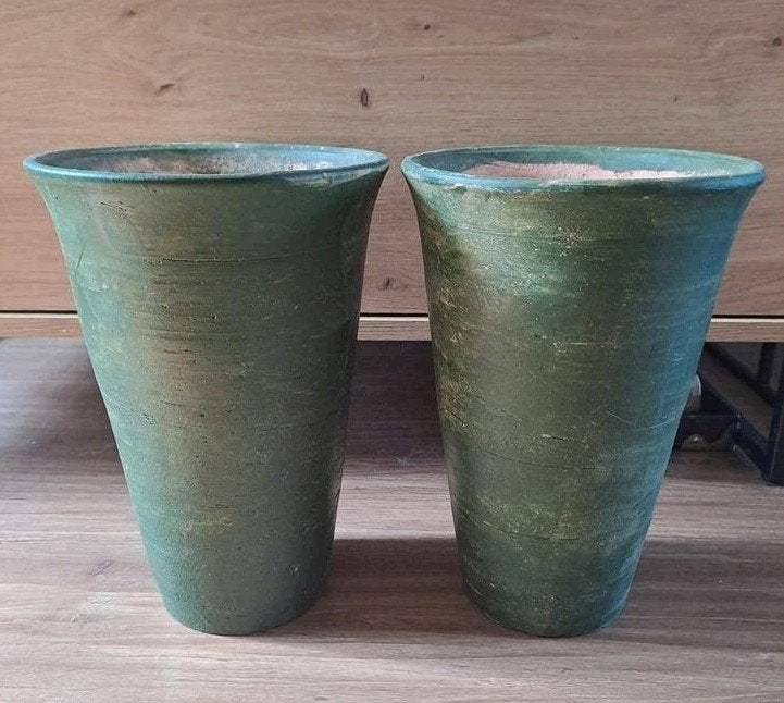 Set van 2 groene aardewerk bloempotten, Gebruikt, Binnen, Ophalen of Verzenden, Overige vormen