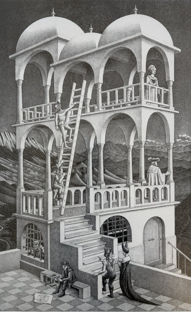 M.C. Escher - Belveder (vintage prent ingelijst), Met glas, Ophalen, Overige techniek
