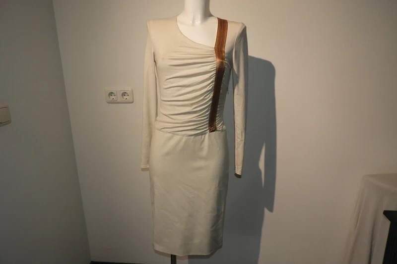 Class Cavalli prachtige jurk band in print goud merklogo IT, Verzenden, Beige, Zo goed als nieuw, Class Cavalli