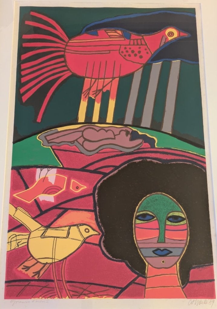 Corneille Zeefdruk(1989)–Vrouw met vogel–Handgesigneerd(E.A), Abstract, Zeefdruk, Gesigneerd, Ophalen of Verzenden