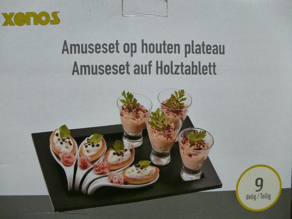 Xenos Amuseset op houten plateau - 9-delig - nieuw, Overige typen, Hout, Nieuw, Ophalen of Verzenden
