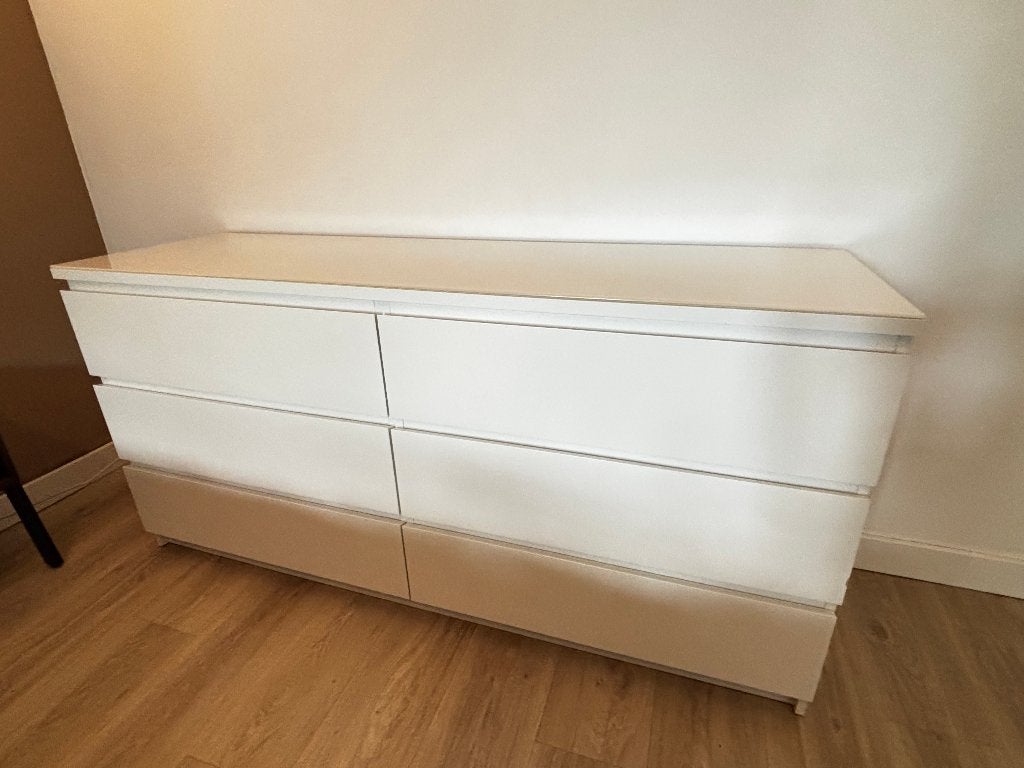 Ikea Malm, Ladekast met 6 lades, wit, 160x78cm met Glasplaat, Ophalen, Overige materialen, Gebruikt, 5 laden of meer