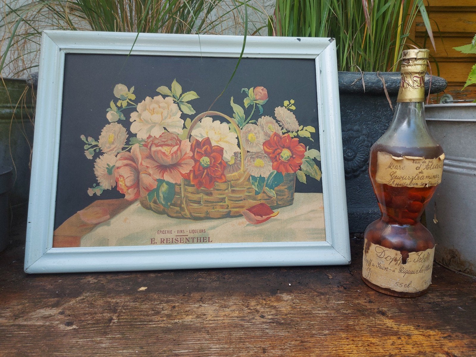 Authentieke reclame met bloemen ingelijst, Ophalen of Verzenden