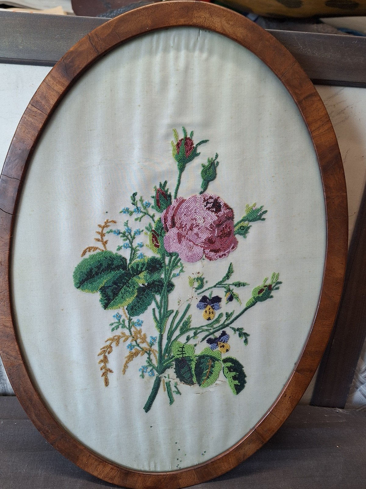 Antiek Kraalwerk Bloemen Boeket in Ovale Lijst, Antiek en Kunst, Ophalen of Verzenden