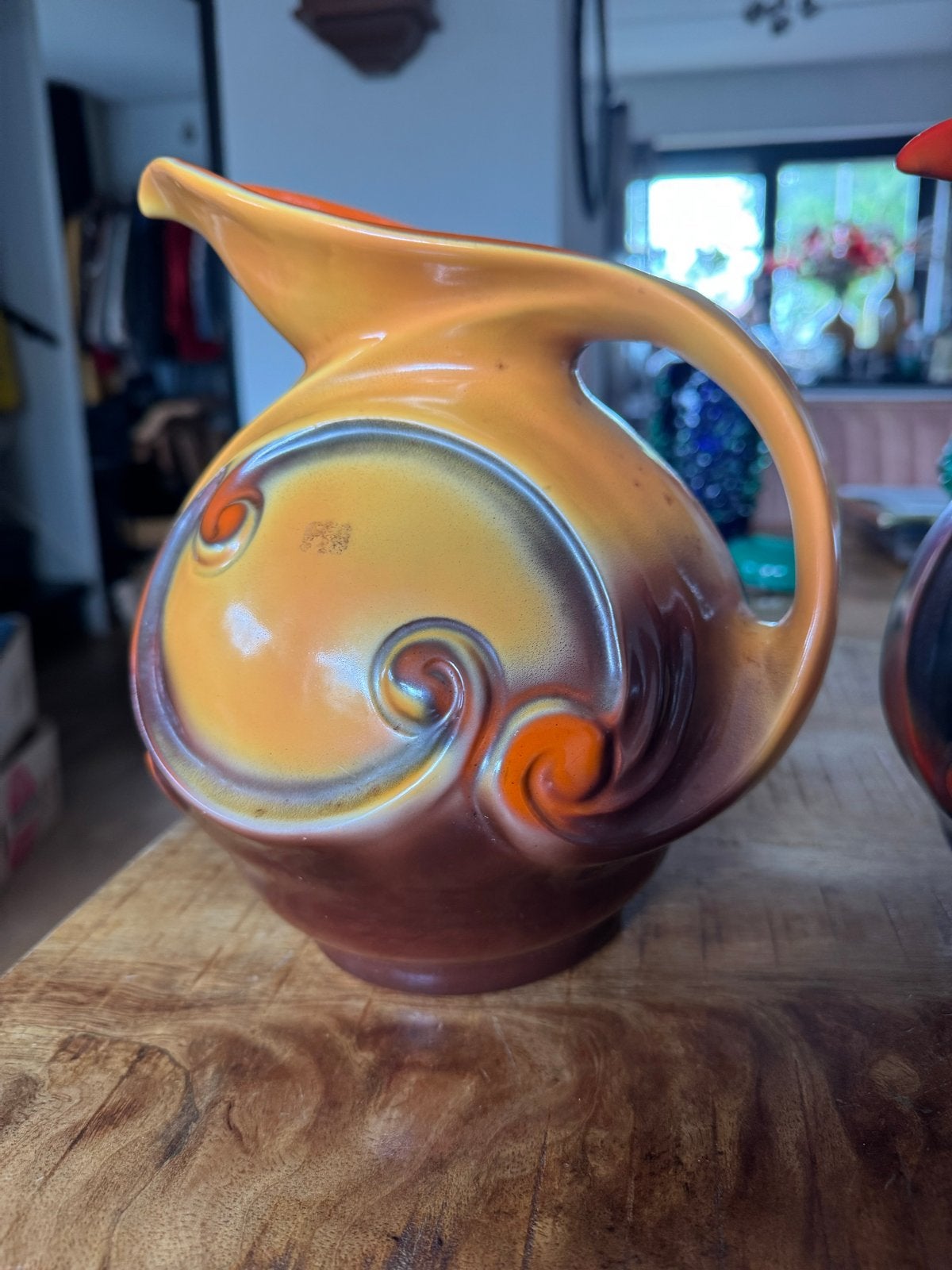 Vintage mosa vaas/kan - Oranje/Bruin - 23 cm, Ophalen of Verzenden