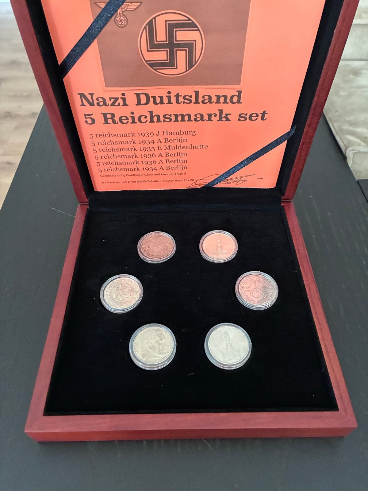 Nazi Duitsland 5 Reichsmark munten set in houten doos, Ophalen of Verzenden
