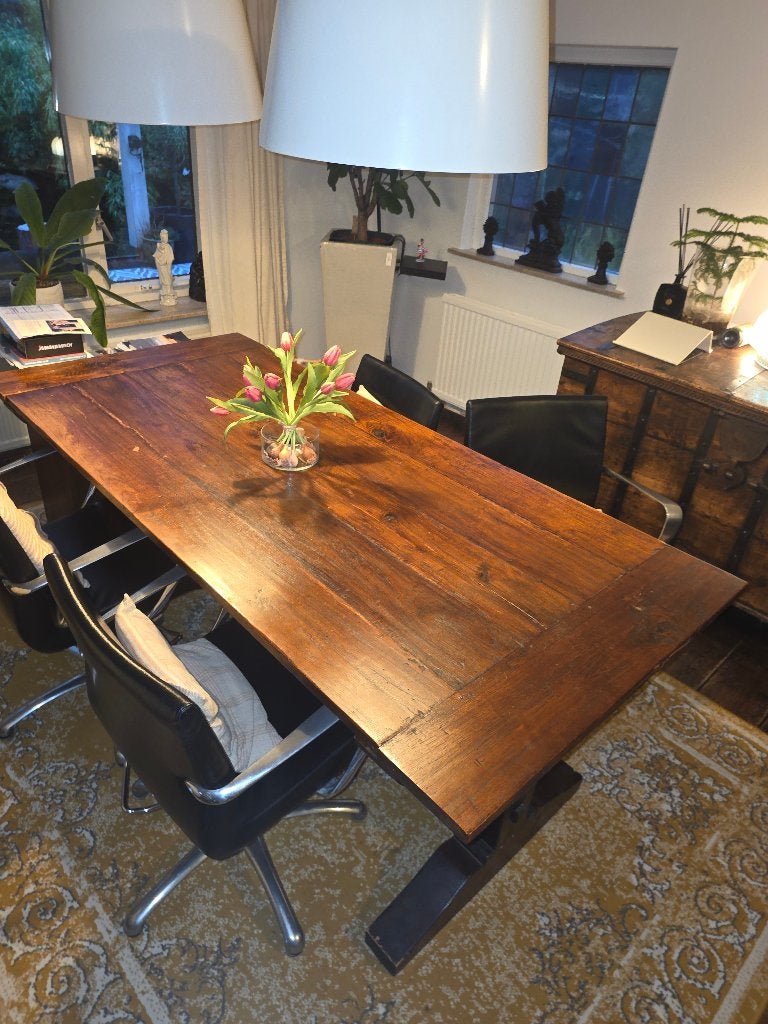 Eettafel zwaar teak 200 x 91 x 77h. Handgemaakt, Huis en Inrichting, Ophalen, Gebruikt, Teakhout, 200 cm of meer