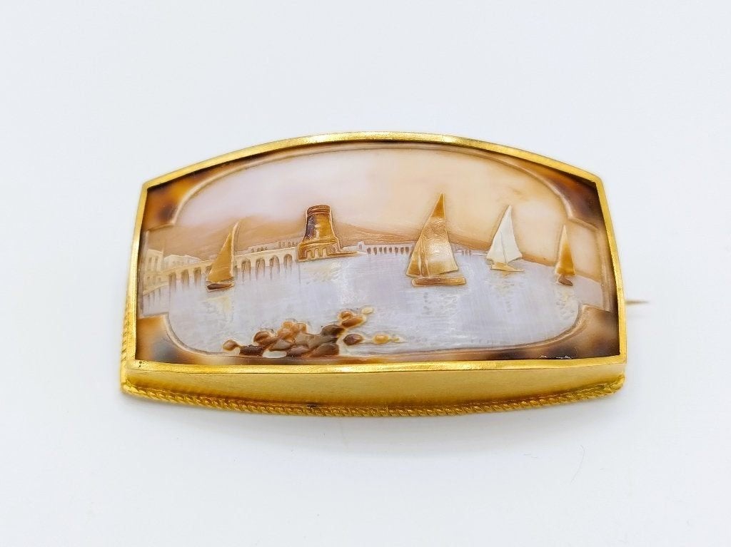 Gouden broche met camee, zeilboten, 585, Info@zilverwebsite.nl, Verzenden, Minder dan 4 cm, Zo goed als nieuw