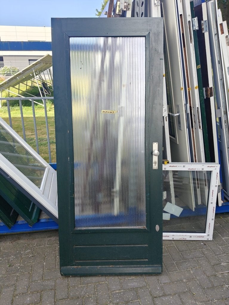Houten buitendeur donkergroen/wit ribbelglas|87,5x210,5 | 39, Ophalen, Gebruikt, 80 tot 100 cm, Buitendeur