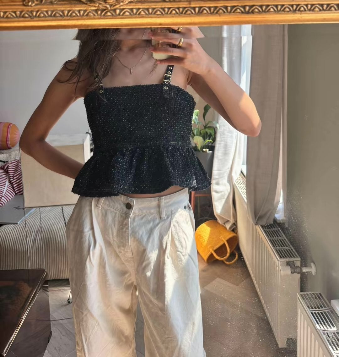 Ganni Peplum Top Zwart Maat 34, Ophalen, Zwart, Zo goed als nieuw, Zonder mouw