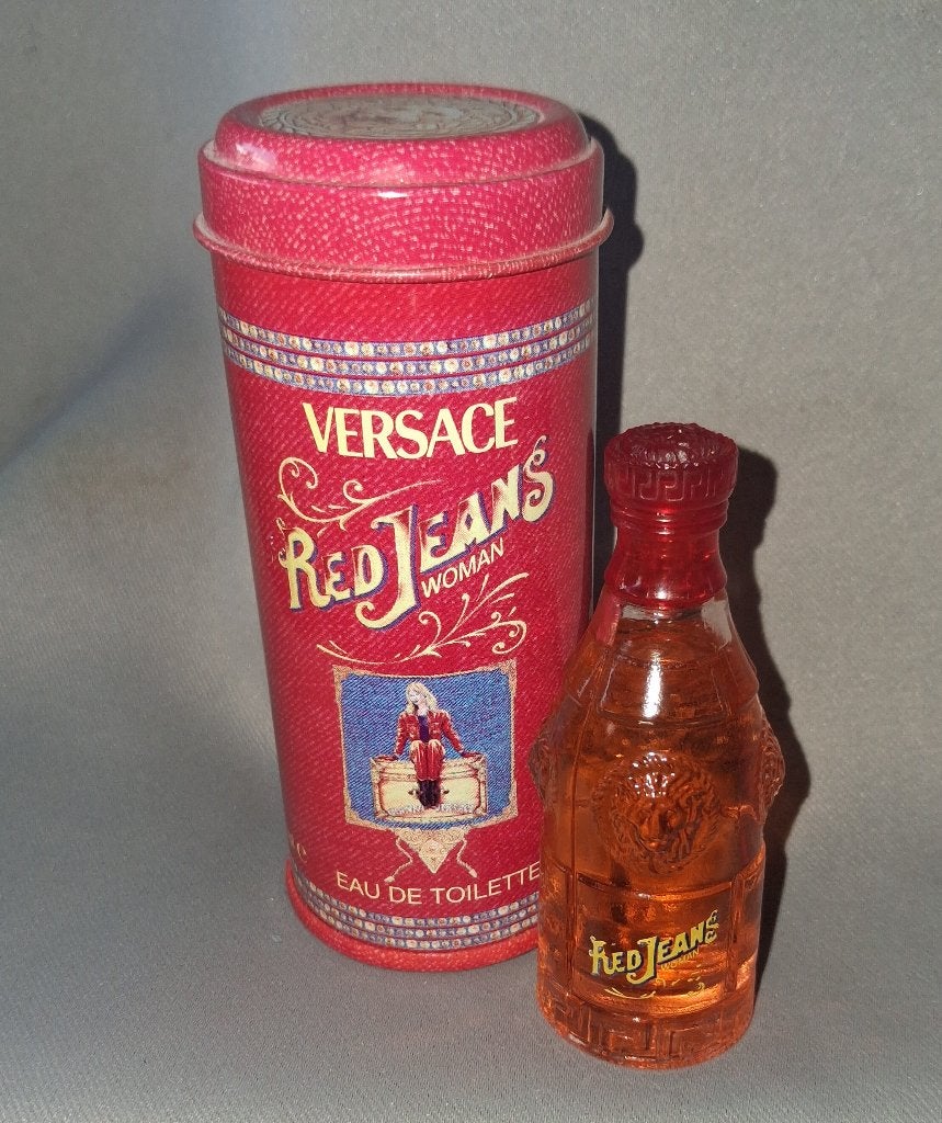 Mooie parfum mini -  Versace red jeans + blikje, Ophalen of Verzenden, Zo goed als nieuw, Miniatuur, Gevuld