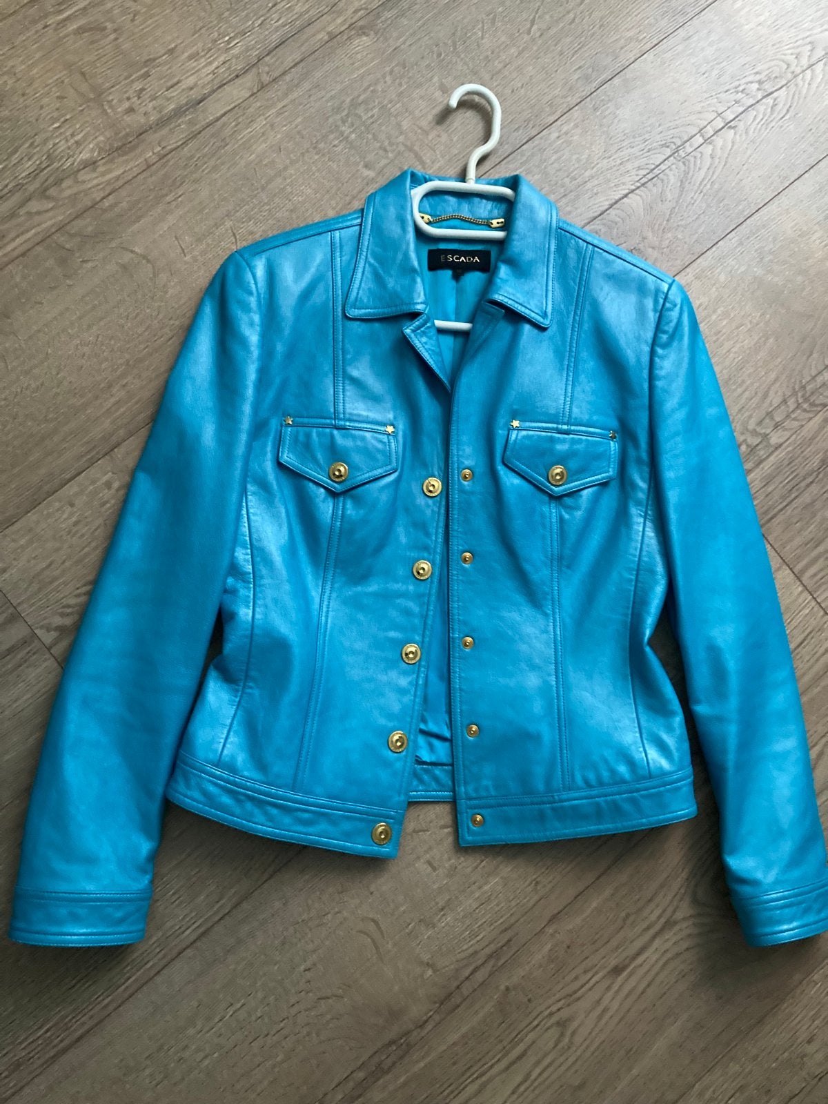 Escada Leren Jasje Turquoise Lammsnappa Maat S, Ophalen of Verzenden, Zo goed als nieuw, Maat 36 (S), Blauw