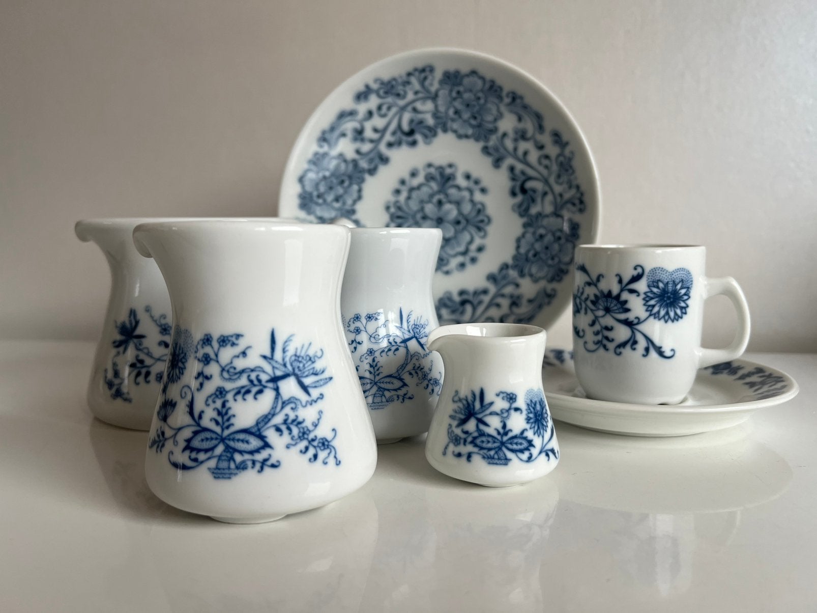 6 Noors Porsgrund Blue Onion - Bulb Blauw Kop Roomkan 70’s, Antiek en Kunst, Antiek | Servies los, Ophalen of Verzenden