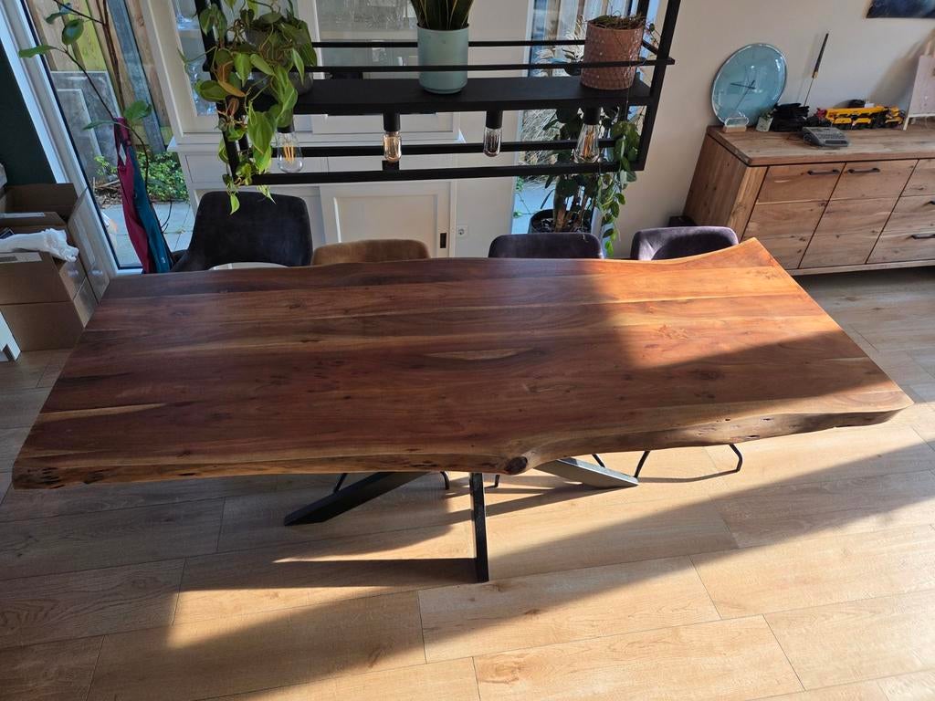 Eettafel boomstam, massief hout met stalen onderstel, Industrieel, robuust, landelijk, 200 cm of meer, 50 tot 100 cm, Zo goed als nieuw